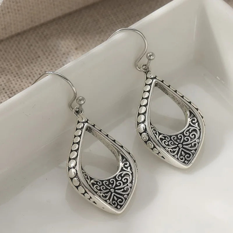 Ethnic Silver Color Dangle Women's Earrings Geometry Carving Flower Party Daily Wear