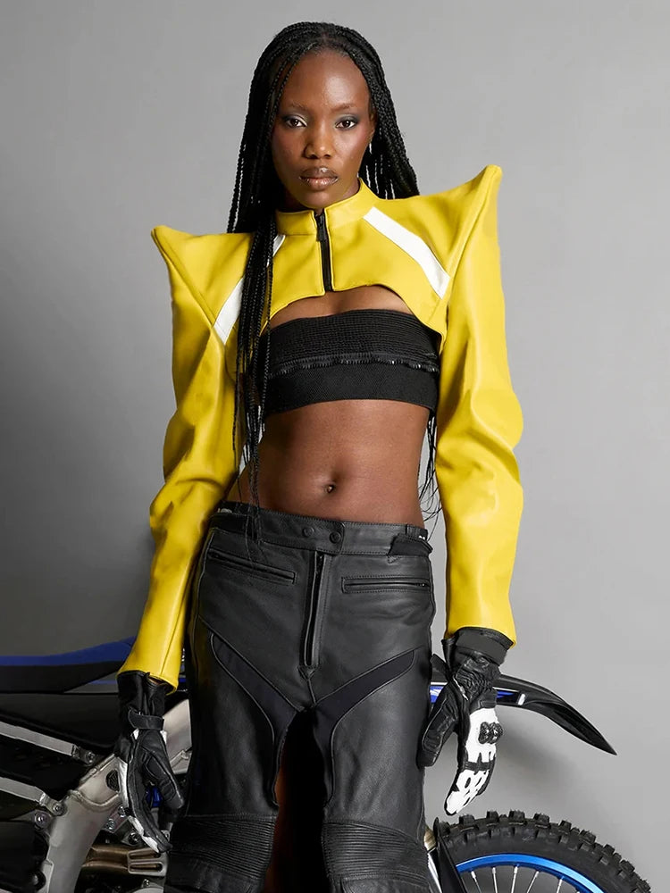Sisterlinda Leather Zipper Jacket Women Patchwork Shoulder Pads Long Sleeve Sexy Midnight Moto Style Street Hipster Crop Coat