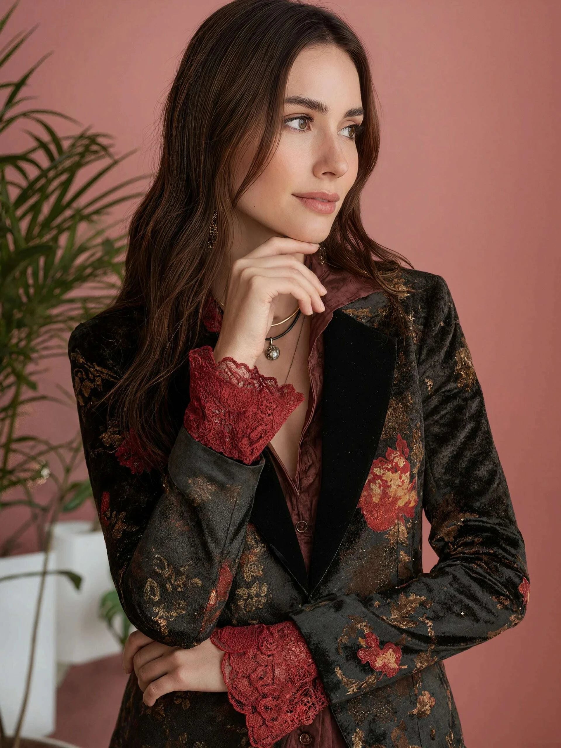 KIMLUD, Women's Velvet Floral Jacket Retro Notched Collar Single Button Streetwear Vintage Casual Autumn Blazer Jackets for Women, KIMLUD Womens Clothes