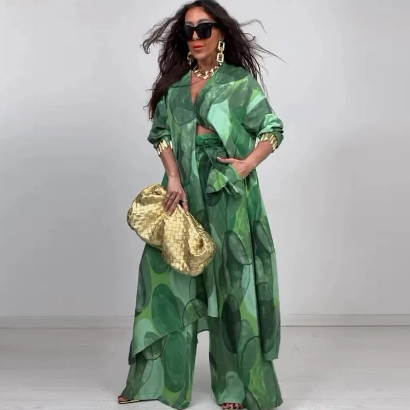 Two-Piece Pant Set – Print Cardigan and Shirt – Cotton Linen | KIMLUD