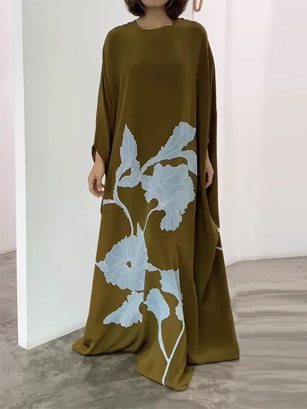 KIMLUD, Yeezzi 2023 New Female Vintage Elegant Flowers Printed Round-Neck Maxi Dresses Spring Autumn Long Sleeves Party Evening Dress, BROWN / S, KIMLUD APPAREL - Womens Clothes