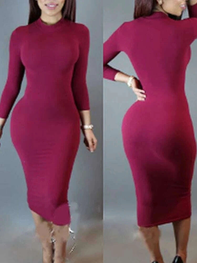 KIMLUD, Sexy Solid Color Elastic Slim Bodycon Dress Women Long Sleeves Girdling Waist Skinny Dress Elegant Club Party Vestidos, KIMLUD Womens Clothes