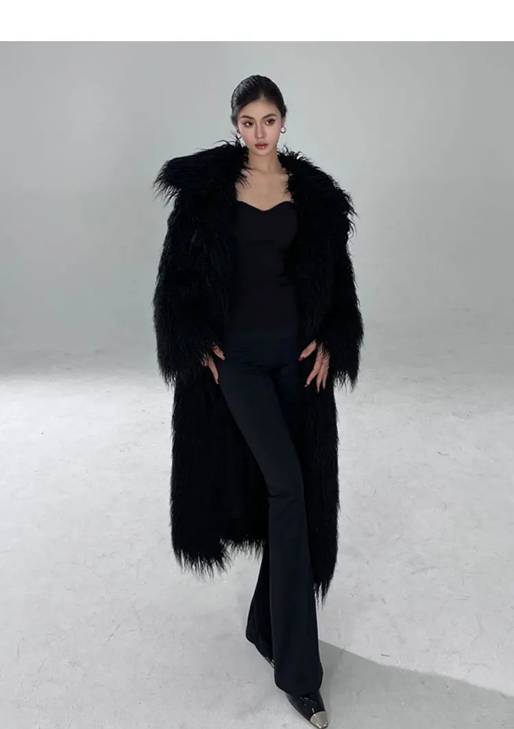 Lautaro Winter Long Black Hairy Shaggy Thick Warm Soft Fluffy Faux Fur Coat Women Sashes Luxury Designer Overcoat Runway Fashion