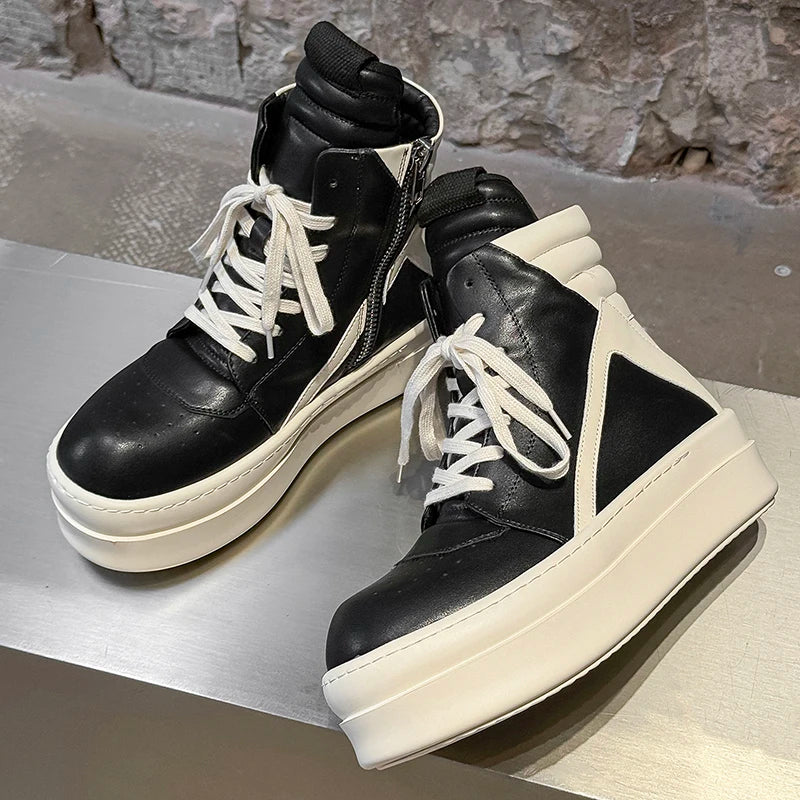 High Top Board Shoes – Side Zipper – Rubber Outsole – Black White | KIMLUD