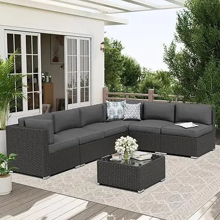 Rattan Outdoor Sofa Set 7-Piece With Glass Top Table — Red | KIMLUD