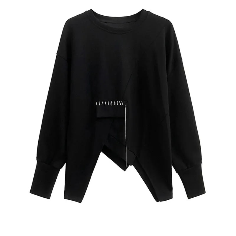 Sweatshirt - Topstitched Irregular Hem - Jersey - Black | KIMLUD