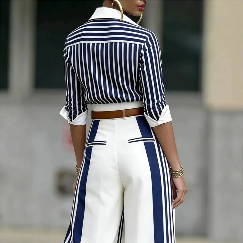 Two Piece Set – Striped Printed Shirt and Wide Leg Pants – Chemical Fiber | KIMLUD
