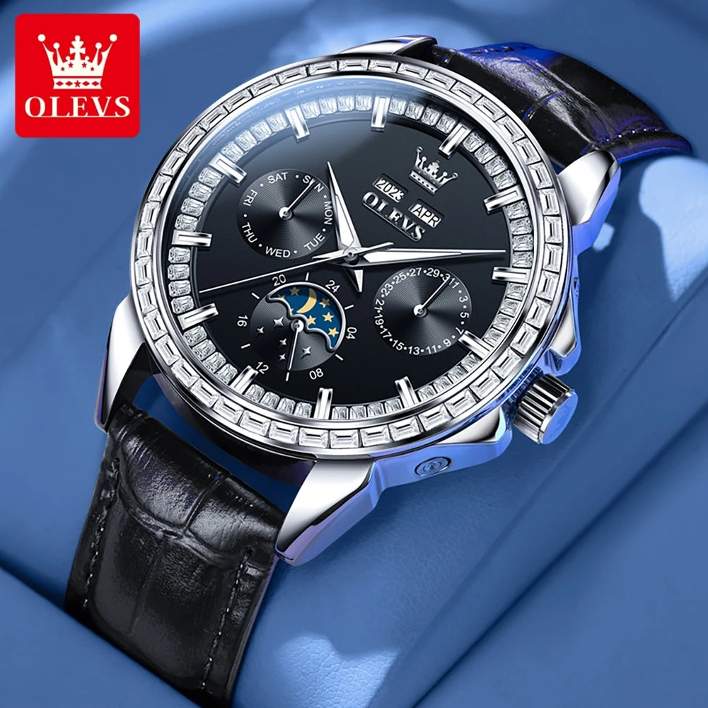 Moon Phase Leather Luxury Watch Diamond Bezel With Automatic Movement 41mm Case — Blue | KIMLUD