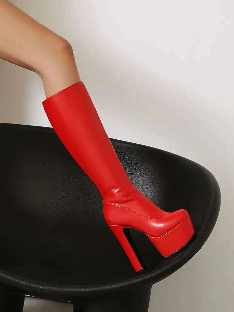 KIMLUD, Black Red White Women Knee High Boots Platform Thick High Heel Ladies Calf Boots PU Leather Square Toe Side Zipper Dress Shoes, KIMLUD Womens Clothes
