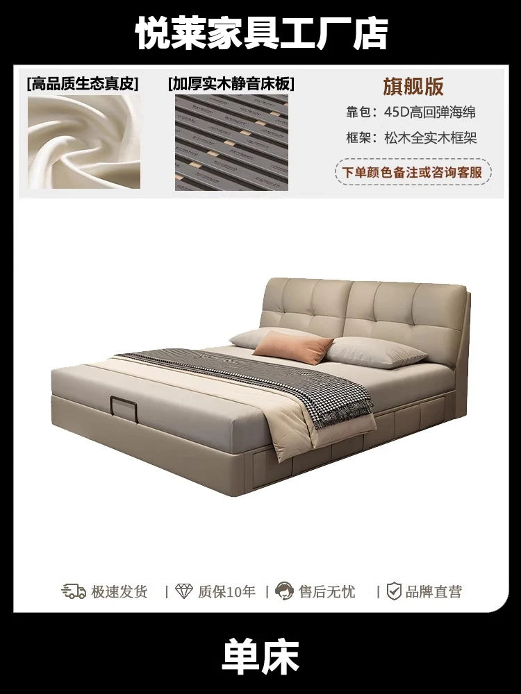 Minimalist Leather Storage Double Bed Modern Frame — Dove Gray | KIMLUD
