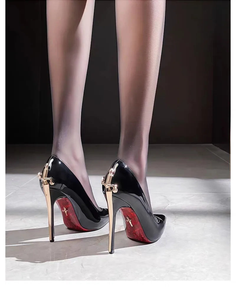 Patent PU Scepter High Heels Pointed Toe With Gold-Tone Stiletto — Black | KIMLUD