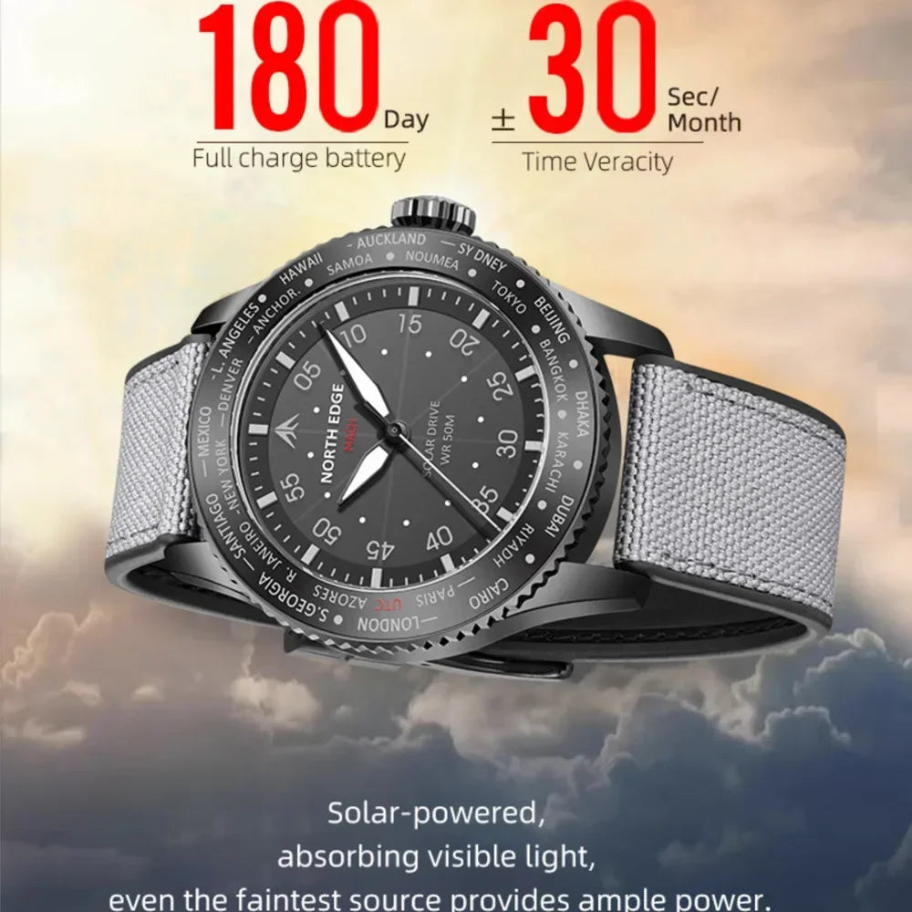 NORTH EDGE Watches for Men MACH 2024 New Desgin Solar Powered Watch Dual Time Zone Waterproof TPR Nylon Strap Pilot Mens Watch