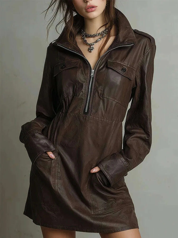 KIMLUD, Women's Faux Leather Dress Long Sleeve Half Zip Up High Collar Mini Dress with Pockets Casual Party Streetwear Autumn Outfits, KIMLUD Womens Clothes