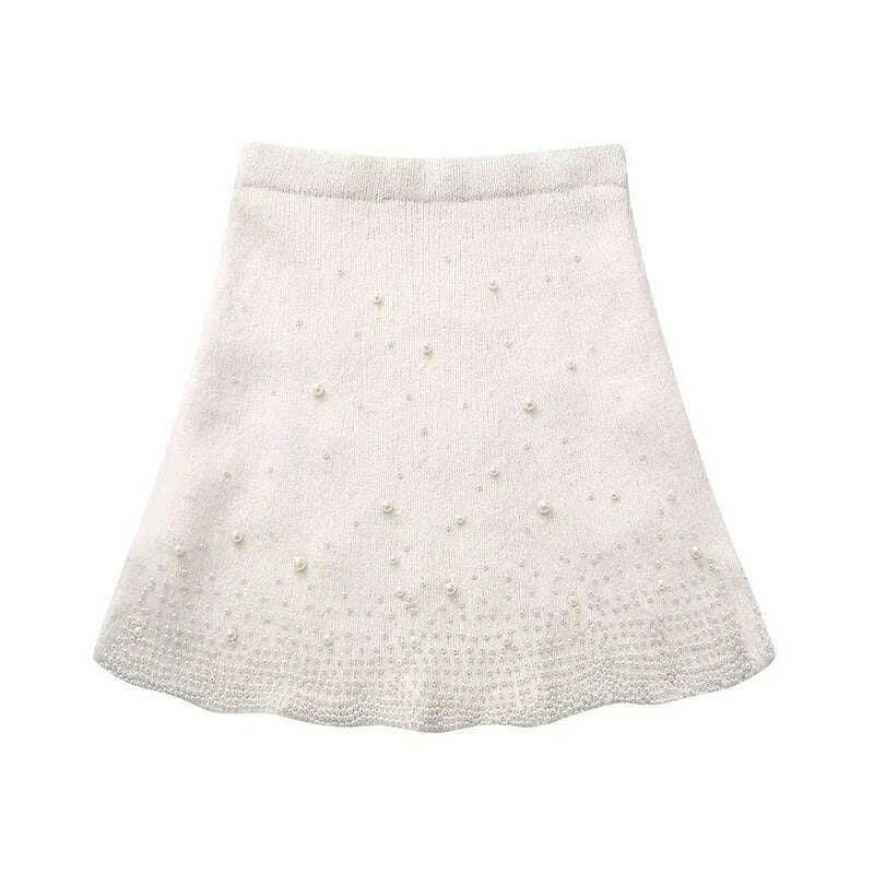 KIMLUD, Solid Pearl Knitted Skirt Sets Women Long Sleeve O-neck Elegant Fashion Pullover Sweater Mini Skirts Female Casual 2 Piece Suit, KIMLUD Womens Clothes