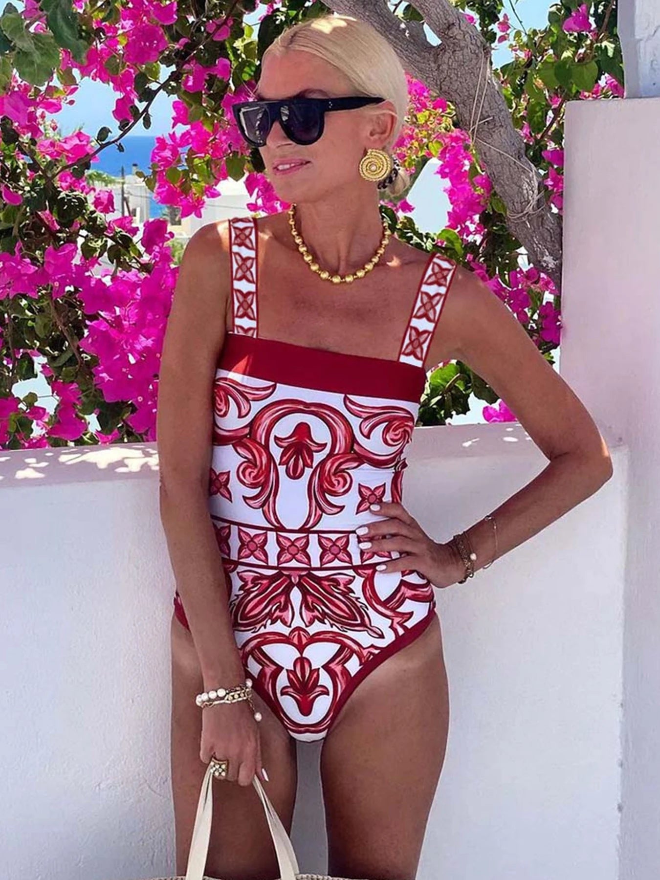 Ethnic Print High Waist One Piece Swimsuit — Red | KIMLUD
