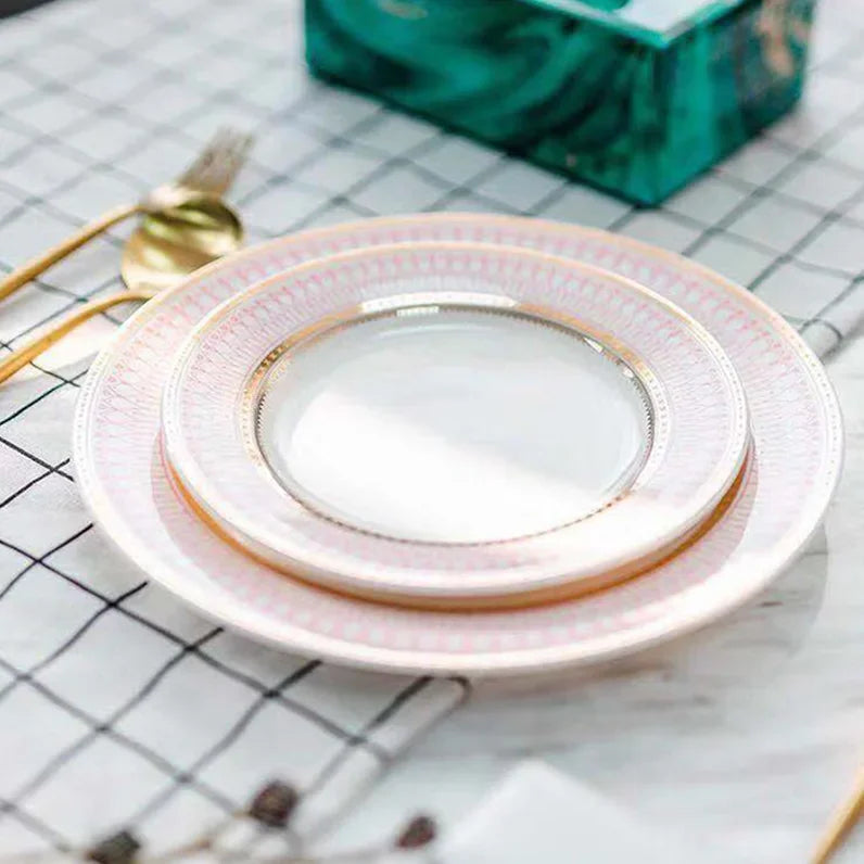 Ceramic European Style Dessert Plate With Gold Rim And Subtle Depth — White | KIMLUD