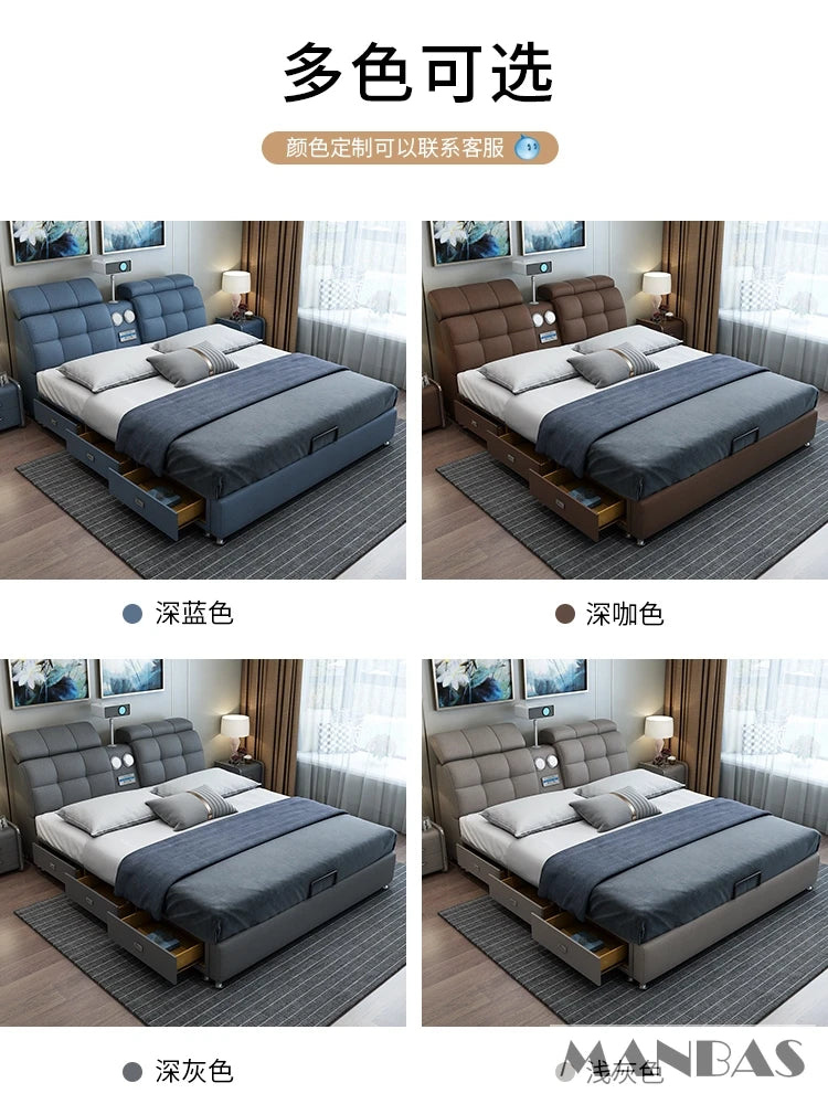 Genuine Leather Bed Frame Smart Multifunctional Tech — Ivory | KIMLUD