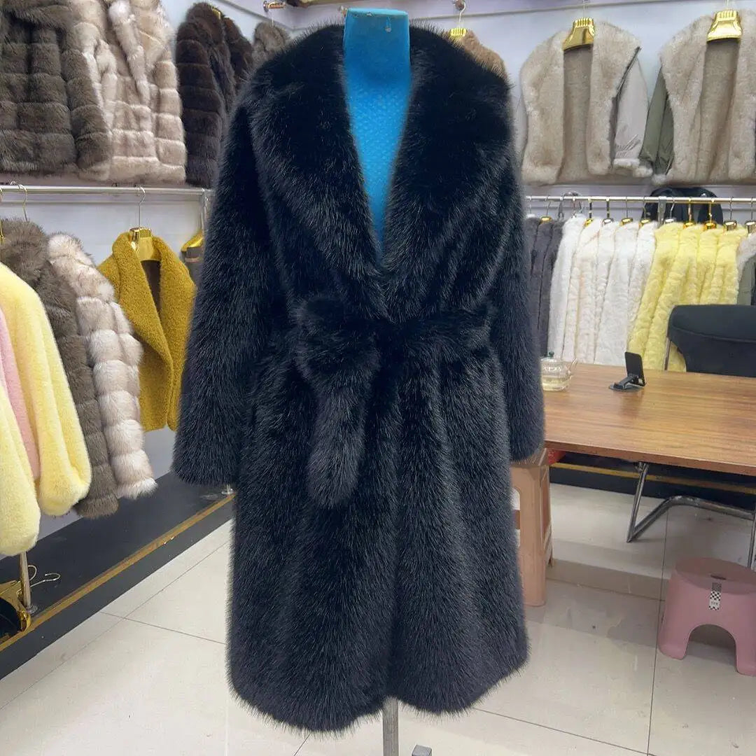Faux Fur Coat - Long Waistband Design - Faux Fur - Large Collar | KIMLUD