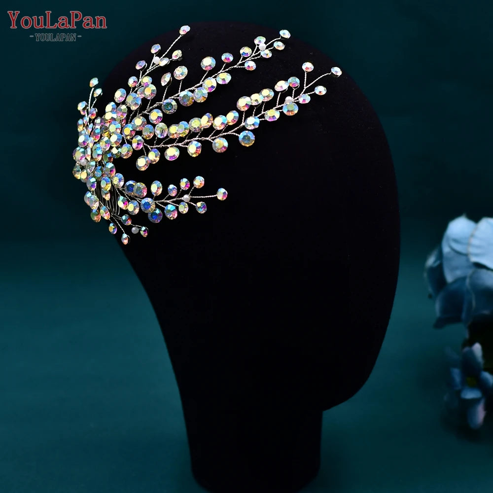 AB Rhinestone Bridal Hair Comb Wedding Accessory — Silver | KIMLUD