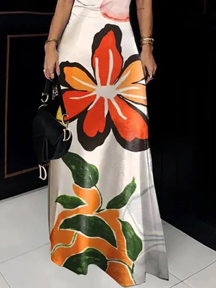 Polyester Floral Printed Halter Maxi Dress — Black | KIMLUD