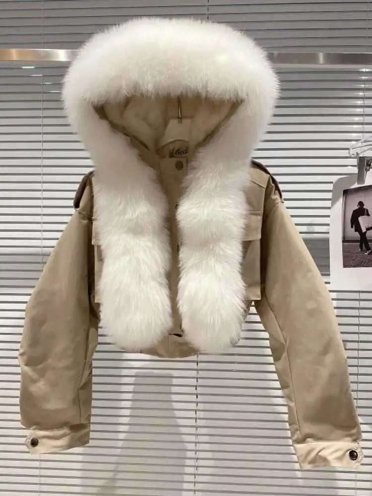 DEAT 2023 Balck Winter Women New Fur Collar Liner Real Rabbit Hair Multi Pocket Short Jacket Cotton Hooded Casual Coat RC235