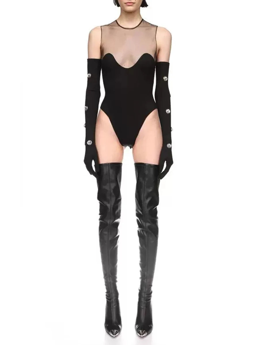 TWOTWINSTYLE Solid Spliced Mesh Slimming Jumpsuit For Women O Collar Sleeveless High Waist Minimalist Jumpsuits Female Fashion