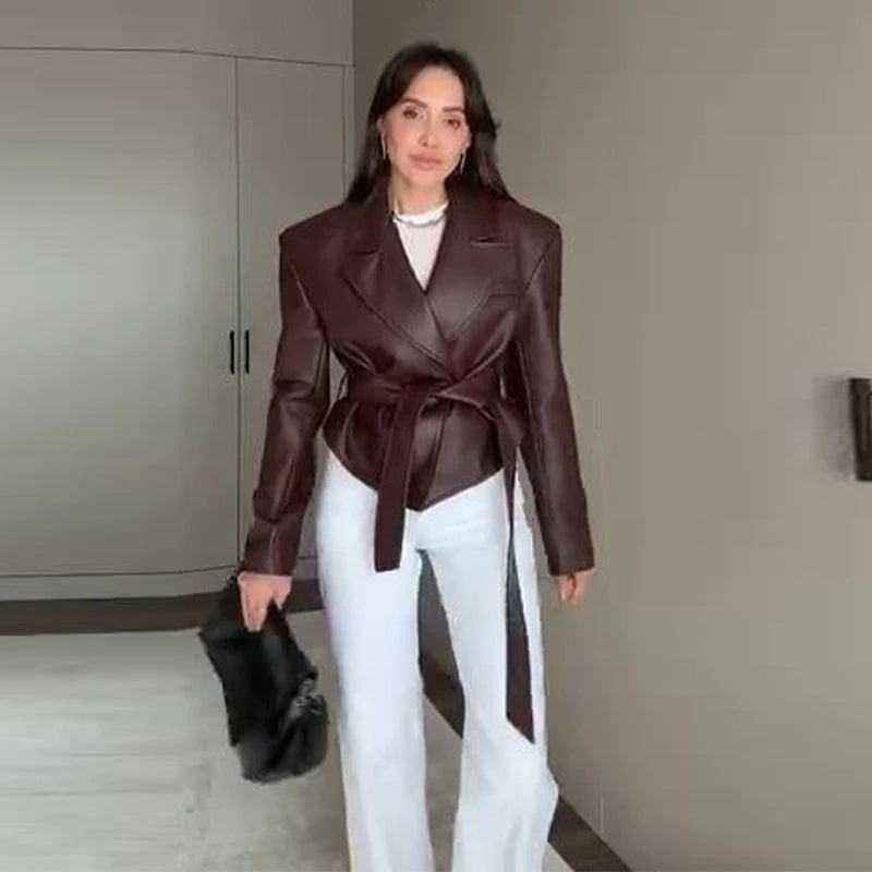Vintage Pu Leather Belted Jackets Women's Slim Full Sleeve Lapel Short Overcoat 2025 New Autumn Winter Ladies Solid Streetwear
