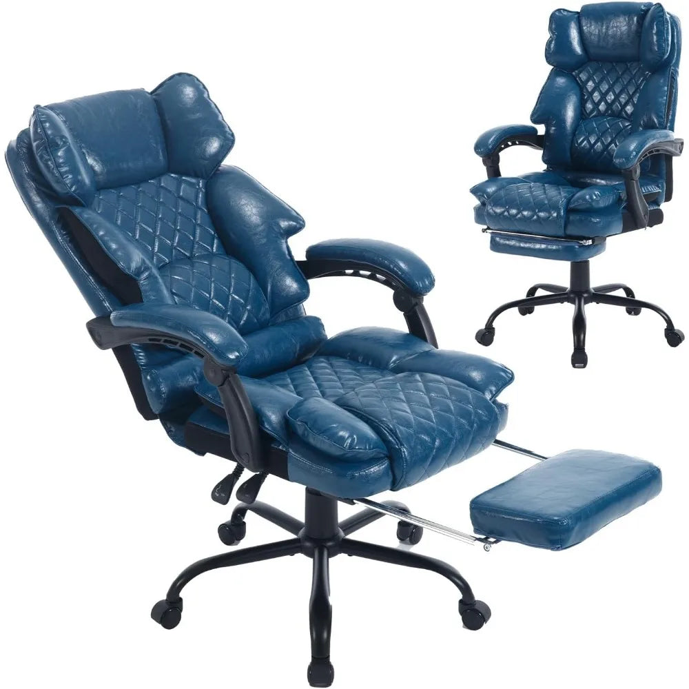 Leather Ergonomic High-Back Office Chair With Footrest And Lumbar Support — Blue | KIMLUD