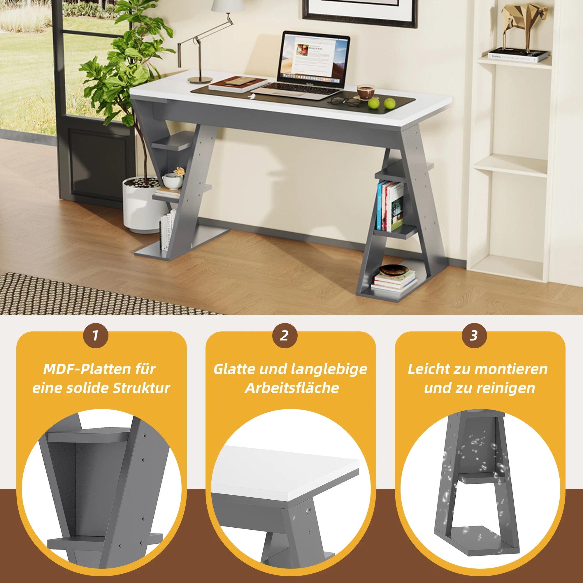 HOUSE SPOLE Computer table with X-shaped bracket, office table with 6 storage rack, Grey