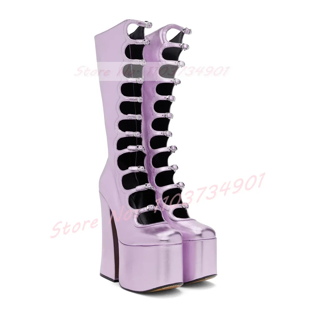 Knee-High Boots – Platform – Strappy – Purple Metallic | KIMLUD