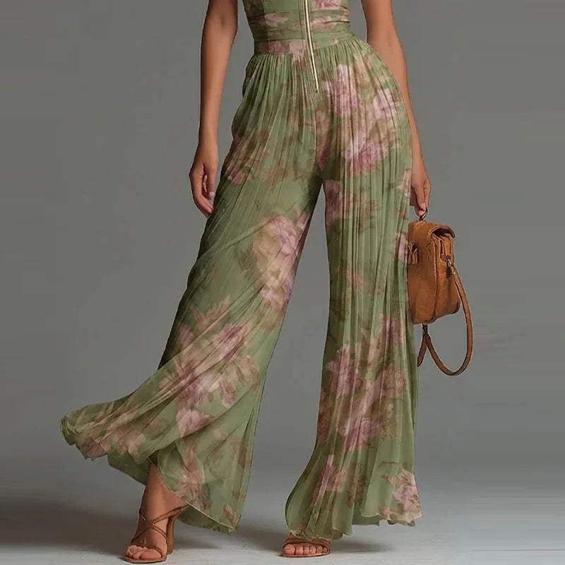 Chiffon Sleeveless Jumpsuit High Waist Pleated Wide Leg Solid — Ivory | KIMLUD