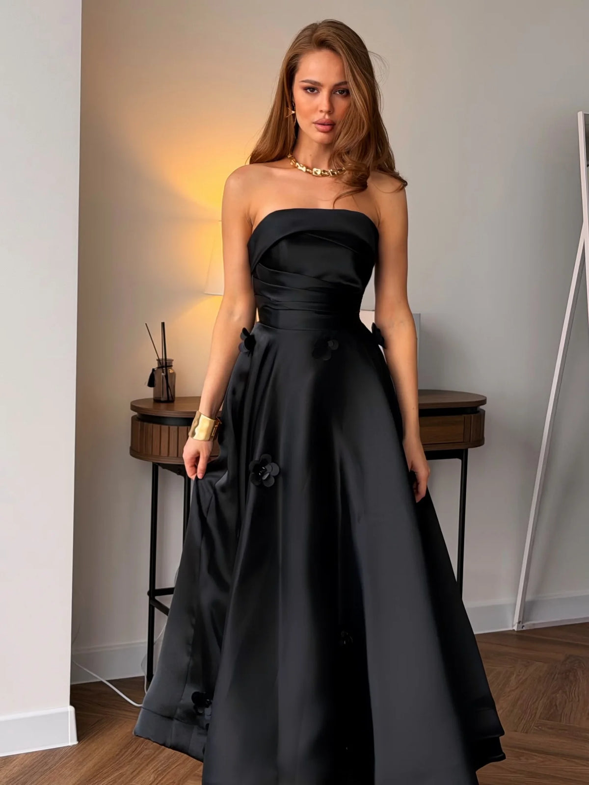 Strapless Satin Evening Dress – 3D Flower Appliques – A-Line Silhouette | KIMLUD