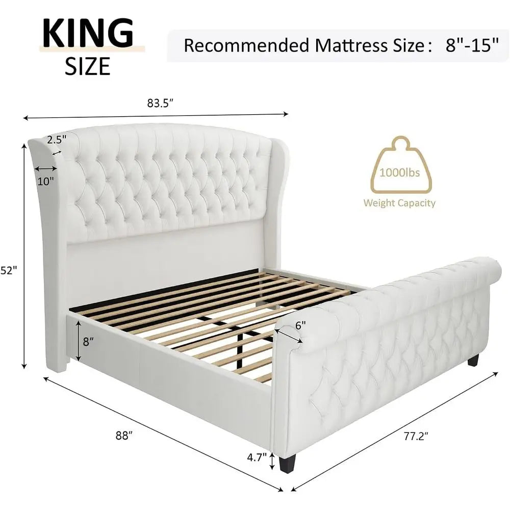 Chenille Upholstered King Size Platform Bed — Ivory | KIMLUD