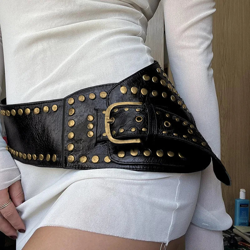 1Pcs Women's Wide Waist Waistband Fashion PU Leather Belt with Studs & Buckle - Perfect for Casual Wear Weddings Parties & More