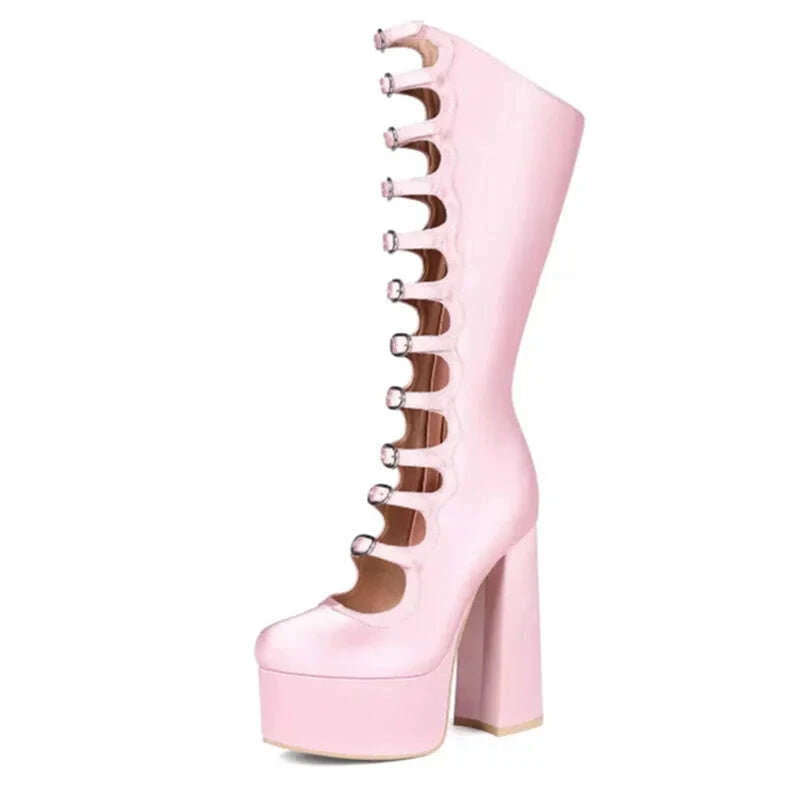 KIMLUD, Lolita Girls Women's High BootsCosplay Halloween Rivet Hollow-out Thick Bottom Long Boots Women Heel Height 6CM Platform Shoes, KIMLUD Womens Clothes