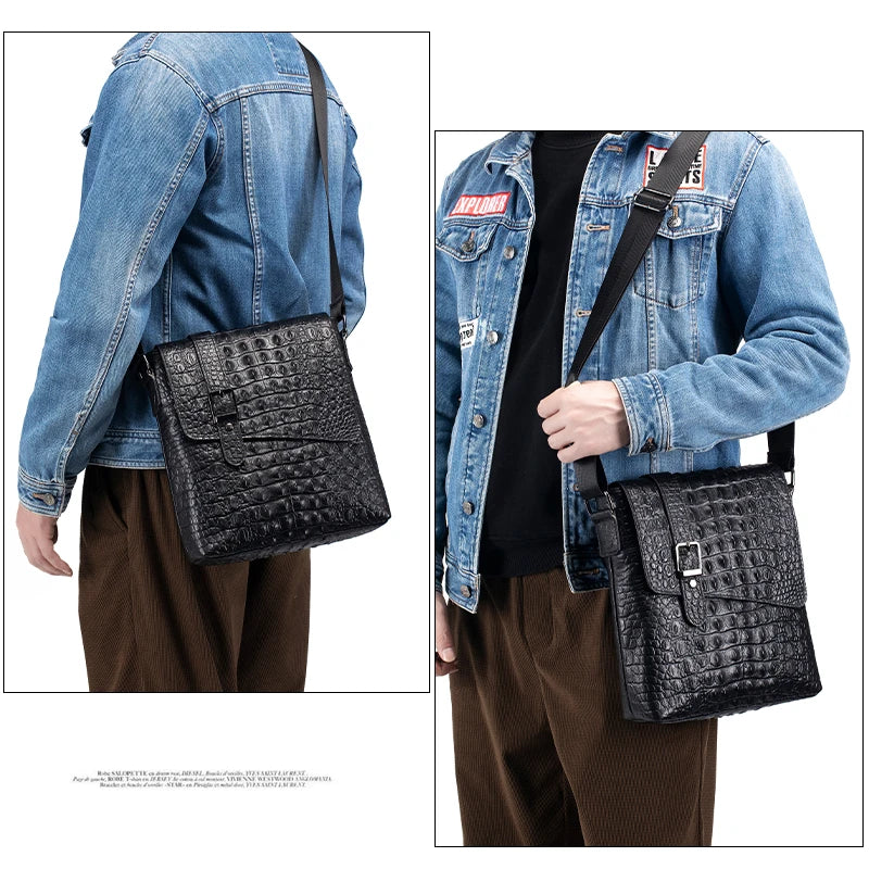 Genuine Leather Crocodile Pattern Crossbody Bag Vintage — Black | KIMLUD