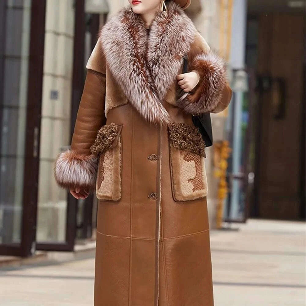KIMLUD, Slim Long Real Leather Jackets Women Fashion Solid Buttons Coats Women Elegant Tie Belt Waist Pockets Jackets Female Ladies, KIMLUD Womens Clothes