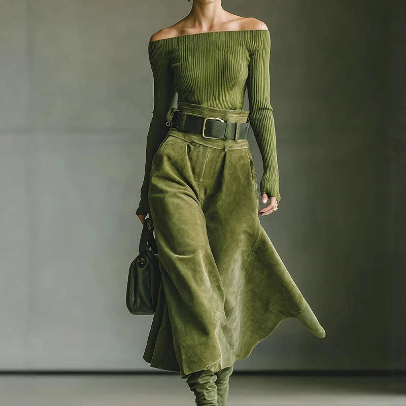 KIMLUD, Women's 2PCS Patchwork Outfit Long Sleeve Slash Neck Top with Maxi Skirts Autumn Winter Fashion Elegant Streetwear for Holiday, KIMLUD Womens Clothes