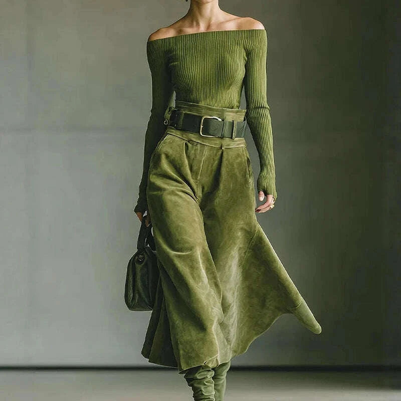 KIMLUD, Women's 2PCS Patchwork Outfit Long Sleeve Slash Neck Top with Maxi Skirts Autumn Winter Fashion Elegant Streetwear for Holiday, KIMLUD Womens Clothes