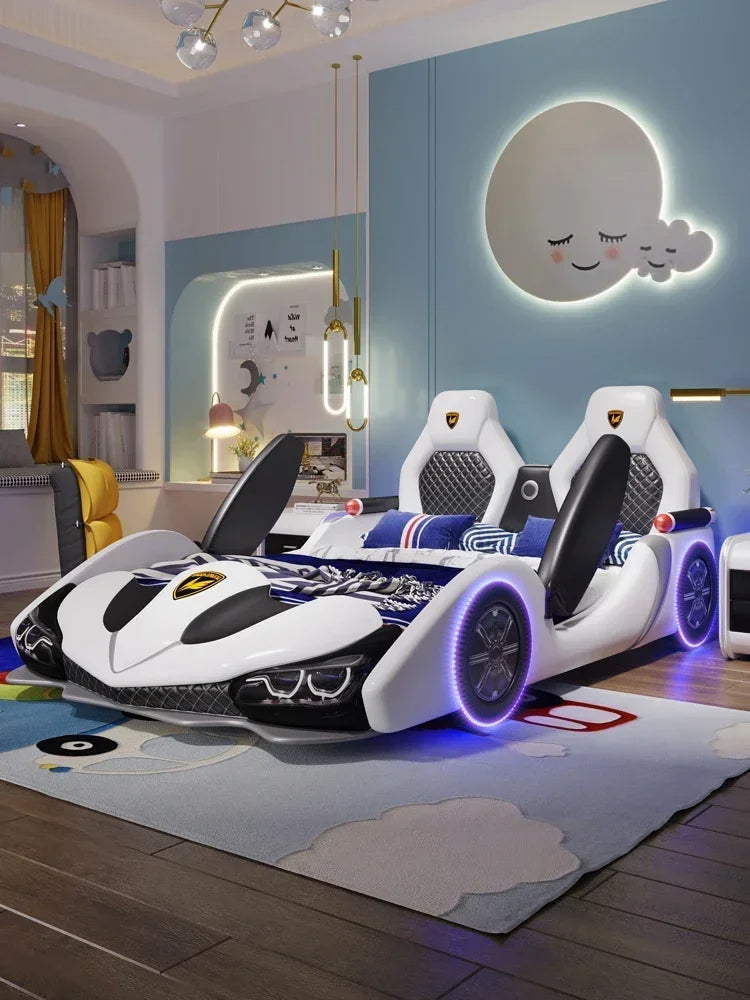 Children's Bed Boys and Girls 1.8m New Creative Cartoon Car Bed 1.5m Princess Leather Bed with Guardrail Blue