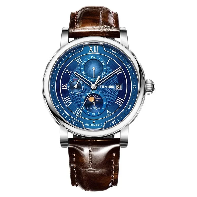 LIGE TEVISE Business Waterproof Mechanical Mens Watches Brand Luxury Leather Strap Watch for Men Moon Phase Automatic Wristwatch