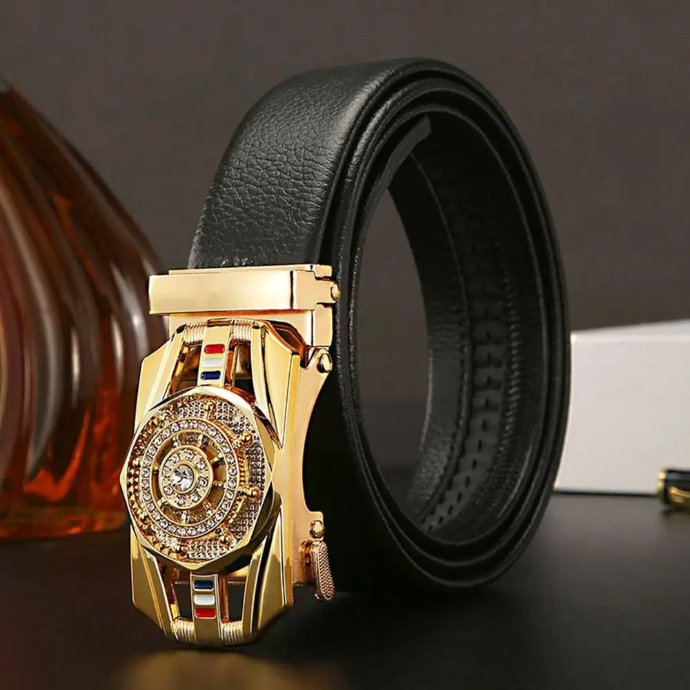 Men Business Time To Run Belt Man Automatic Buckle Leather Belt Golden Waist Buckle Males Luxury Belt Rhinestone Decoration