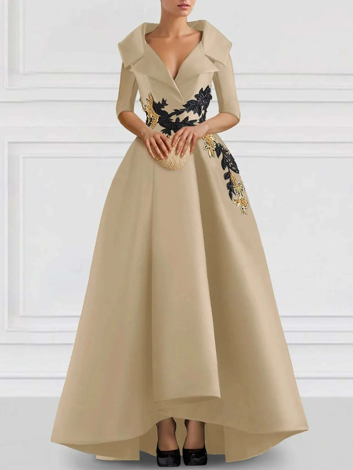 KIMLUD, Black A-Line Evening Gowns Vintage Embroidered Elegant Dress Formal V Neck Pocket Satin Beading Appliques 2025 free customized, KIMLUD Womens Clothes