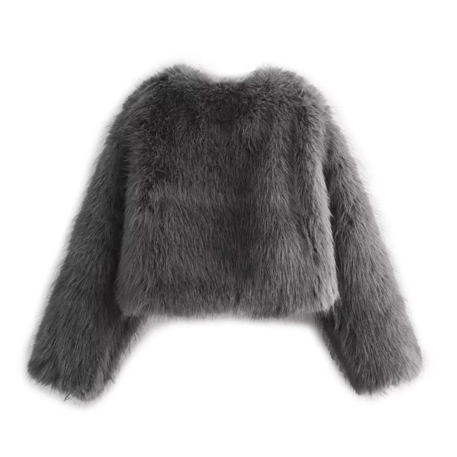 Faux fur jacket 2025 Fall/Winter New Fashion Women's Faux Fur Effect Round Neck Long Sleeve Short Jacket
