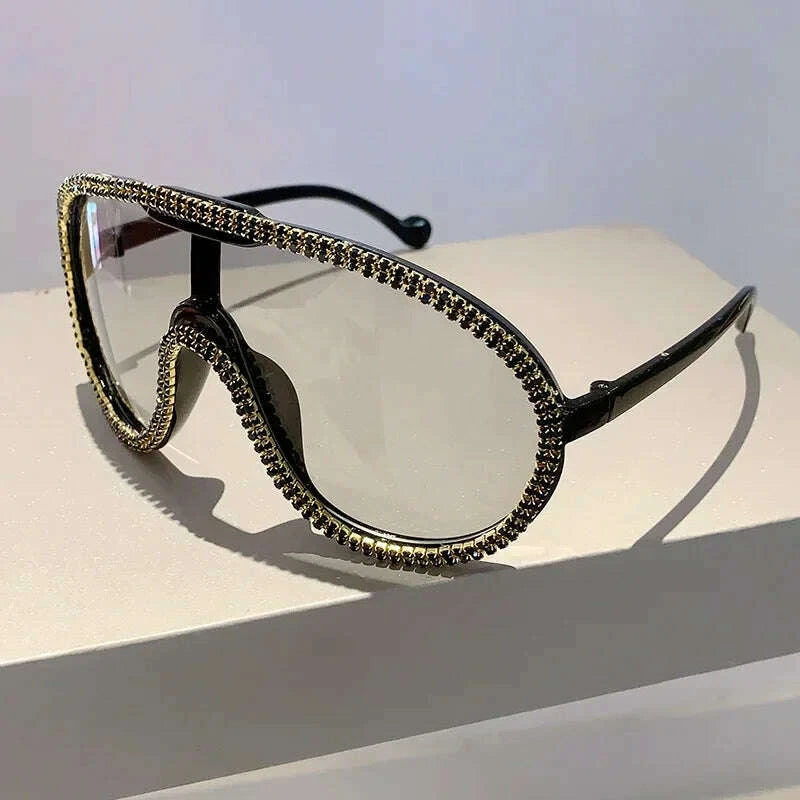 KIMLUD, Pilot Sunglasses Women For Female Luxury Brand Designer Oversized Sun Glasses Vintage Big Frame One Piece Diamond Crystal Shades, KIMLUD Womens Clothes
