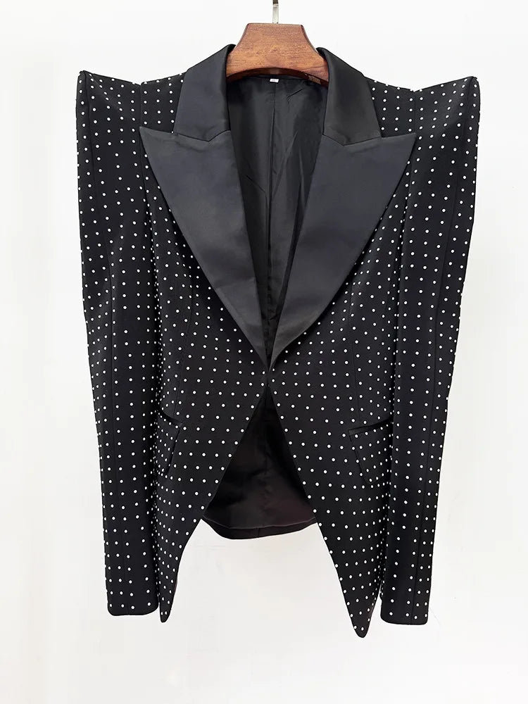 Beaded Diamond Embellished Satin Blazer Set — Black | KIMLUD