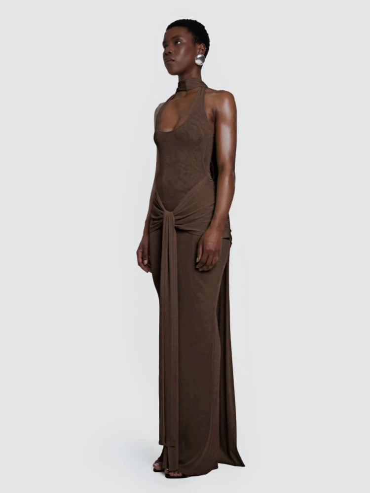 Backless Halter Dress - Draped Silhouette - Polyester - Brown | KIMLUD