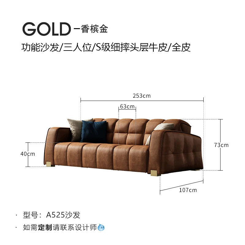 Leather Minimalist Sofa Bed Multifunctional Design Premium Italian Leather — Caramel | KIMLUD