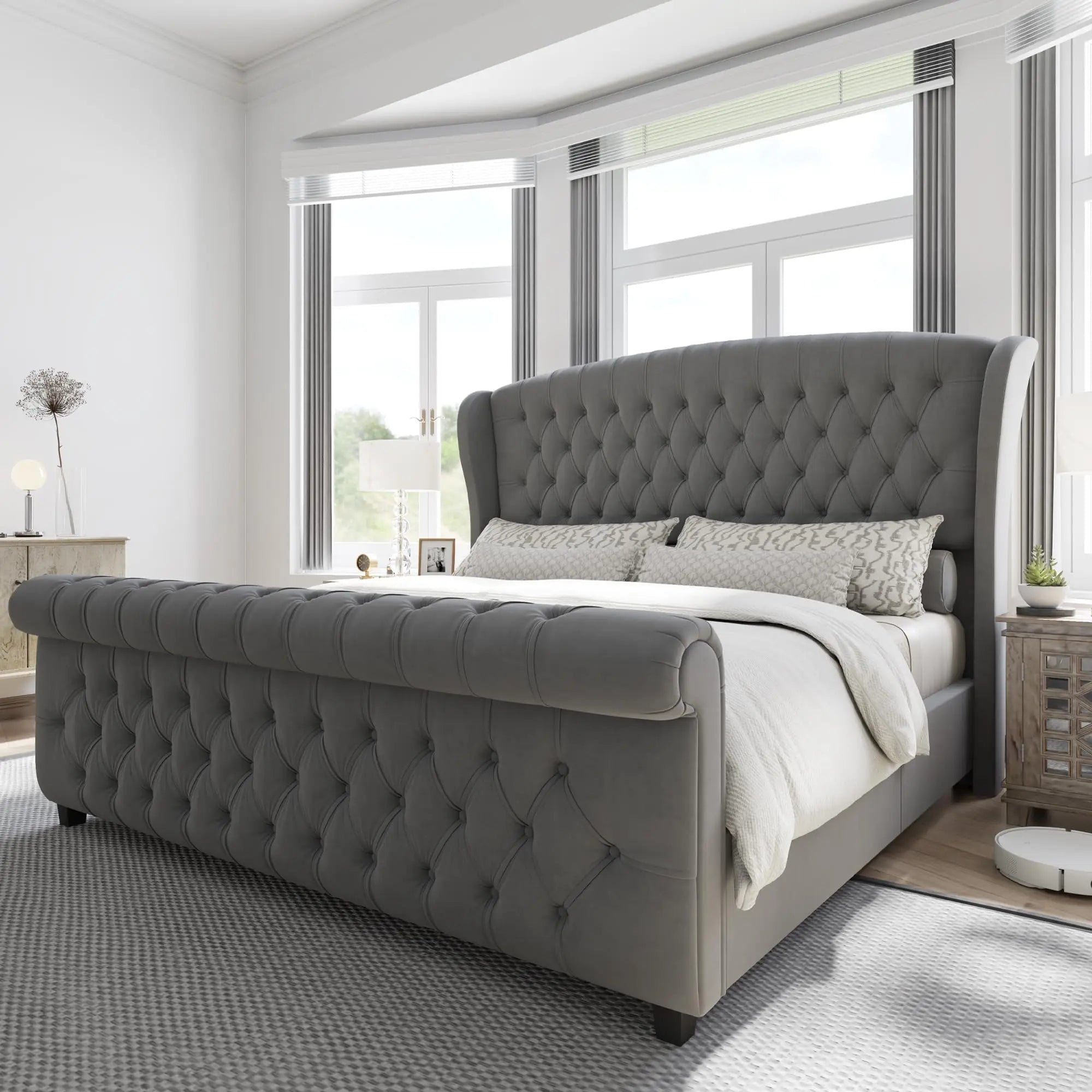 Chenille Upholstered Sleigh Bed Solid — Ivory | KIMLUD