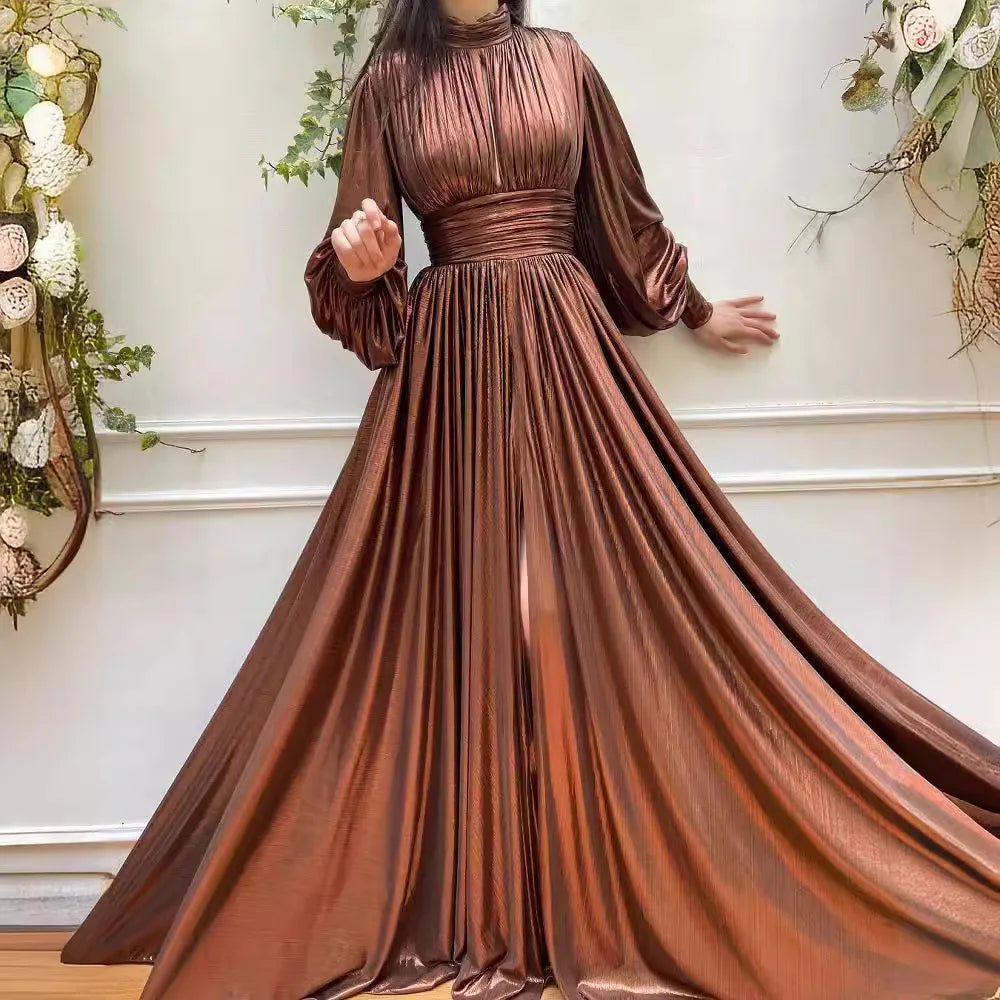 Satin-Effect Polyester Dress With Hanging-Neck — Avocado Green | KIMLUD